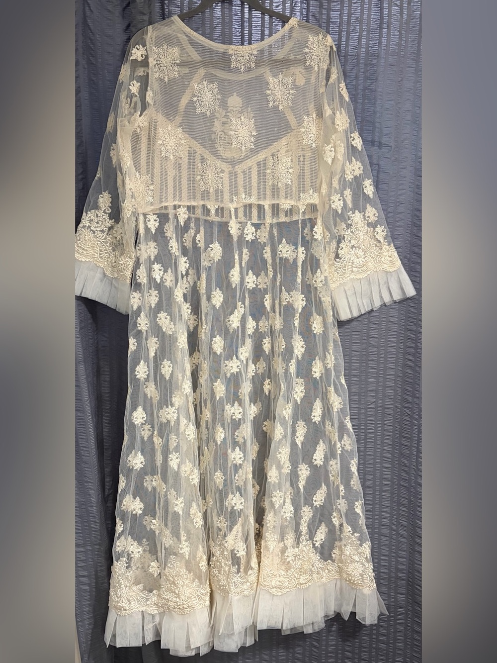 Mona Embroidery Pakistani Sheer Beaded Cream Dress Medium - Picture 6 of 9